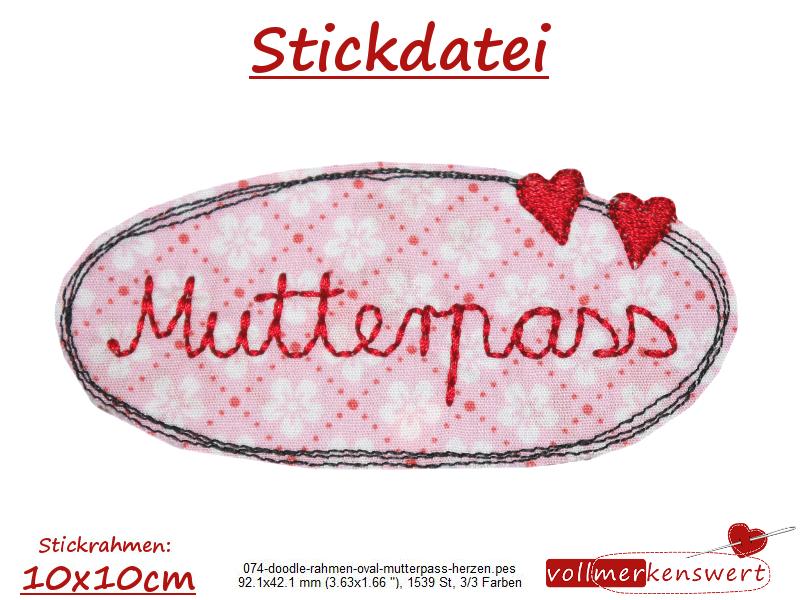 Stickdatei Doodle-Rahmen Mutterpass mit Herzen für 10x10cm Stickrahmen - Applikation - Aufnäher S074